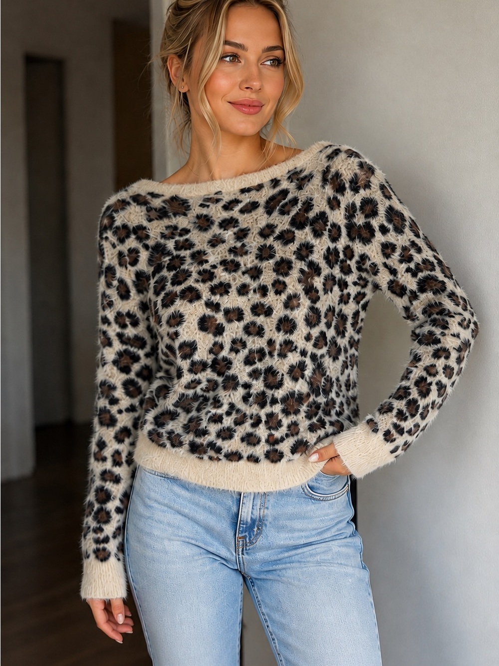 Tahari Leopard-Print Cream & Brown Fuzzy Crewneck Sweater